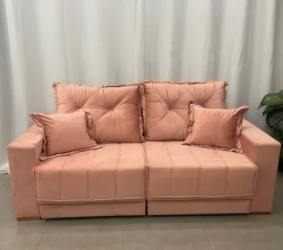 Sofá Cama Rosa de Veludo - 3 Lugares