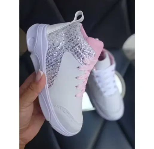 Tênis Cano Alto Infantil Glitter Rosa e Branco