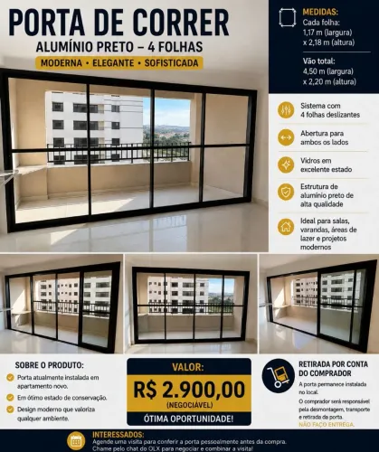 Porta de Correr de Alumínio Preto - 4 Folhas - Grande Vão 4,50 m