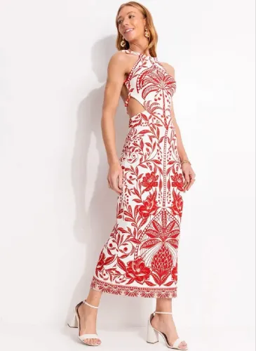 Vestido Farm Original Com Estampa Floral Vibrante em Vermelho e Branco.