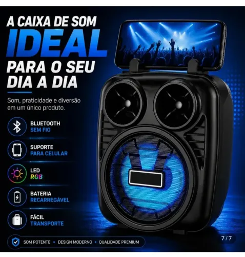 Caixa de Som Bluetooth Portátil com LED RGB e apoio para celular
