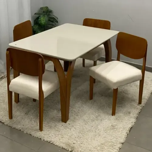 Mesa de Jantar Agata 135x90cm com Vidro e 4 Cadeiras Barcelona em Linho Madeira Lj Móveis
