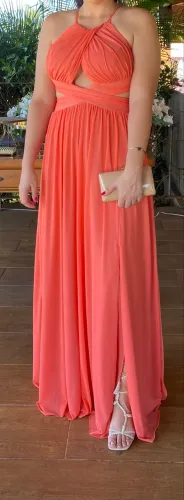 vestido longo coral drapeado único