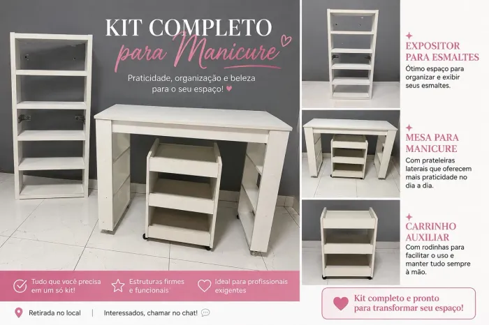 ? Kit Completo para Manicure - Mesa + Carrinho Auxiliar + Expositor