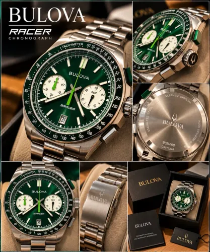 Bulova Racer Chronograph Verde 98B468 Safira Full Set