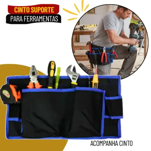Porta Ferramentas Tipo Pochete Azul com Cintura Regulável e Múltiplos Compartimentos - SFM