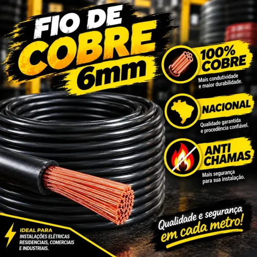 Fio de cobre flexível 6mm 100% cobre anti chamas nacional