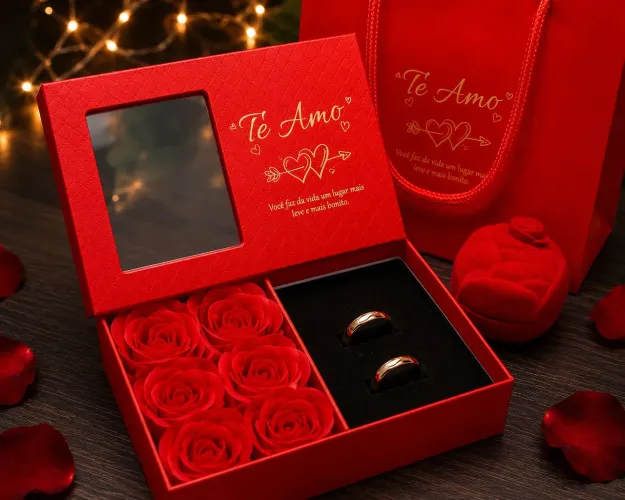 PROMOÇÃO ESPECIAL DIA DOS NAMORADOS. Alianças + Kit Presente Premium "Te Amo". Limitada!
