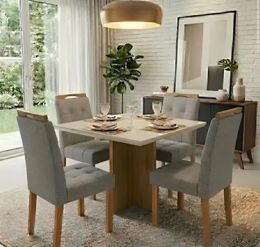 Conjunto de Jantar Compacto 4 Lugares com Vidro Off White e Linho Grafite