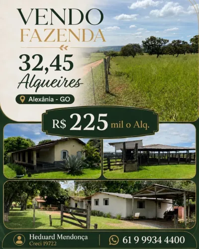 Vendo Fazendo de 32,45 Alqueires em Alexânia, para pecuária, analisa oferta