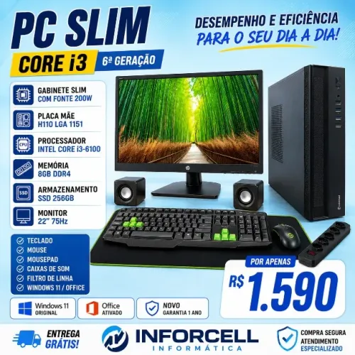 Pc Slim Core i3-6100 8gb Ram Ddr4 Ssd 256gb Tela 22