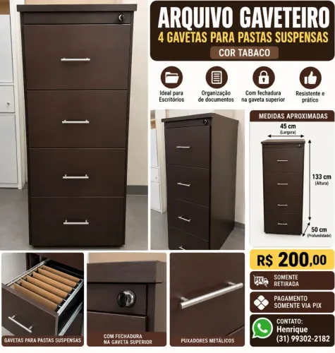 Arquivo gaveteiro para pastas suspensas - 4 gavetas - Cor tabaco R$ 200,00