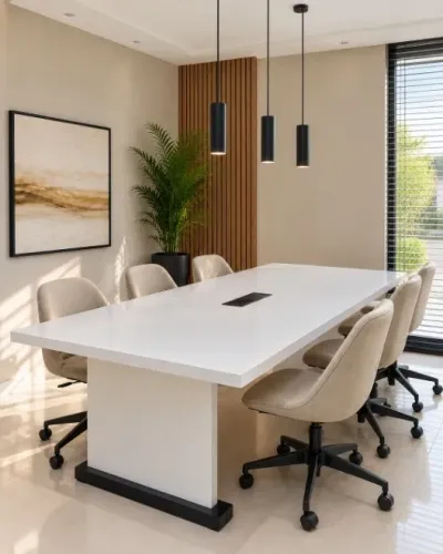 Mesa de Reunião Top Clean: L200cm x P90cm x A74cm. Caixa com Tomadas. Via WhatsApp