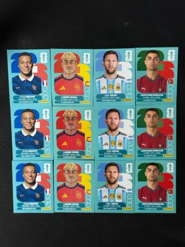 Kit 12 Figurinhas Copa do Mundo 2026 - Messi, CR7, Mbappé e Yamal