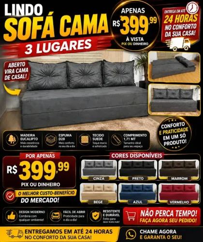 Lindo sofá cama 3 LUGARES várias cores de fábrica e pagamento somente na entrega.