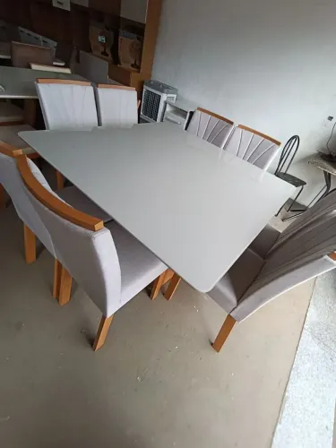 Mesa Nevada plus com oito cadeiras tampa de vidro tecido linho 100% MDF