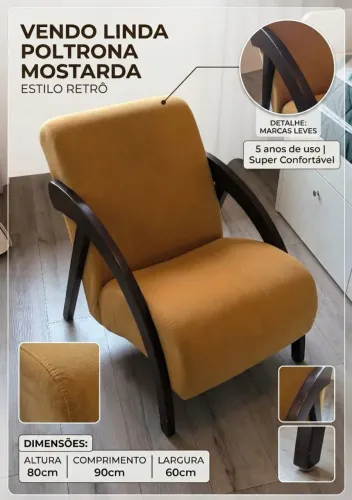 VENDO Poltrona Mostarda com Braços em Madeira Escura - Estilo Retrô