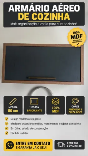 Armário aéreo cozinho 80 cm Syranh 1 porta 100%MDF Amêndoa /cinza Rio doce