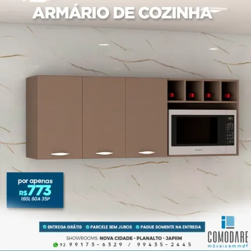 Armário de Cozinha 3 Portas com Nicho para Micro-ondas 1,60m - R$ 773