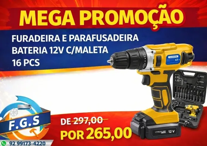 PROMOÇÃO FURADEIRA E PARAFUSADEIRA BATERIA 12V C/MALETA 16 PCS