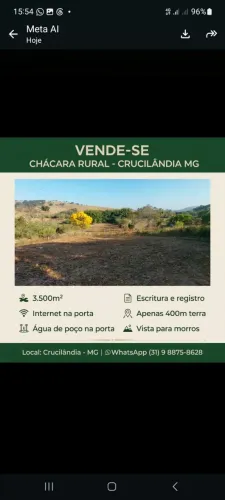 CHÁCARA RURAL 3.500 m2 - CRUCILÂNDIA/MG
