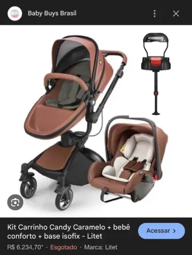 Carrinho Litet Candy Caramelo Completo + Base Isofix + Moisés