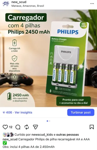 Carregador + 4 pilhas Philips 4x AA 2450 mAh