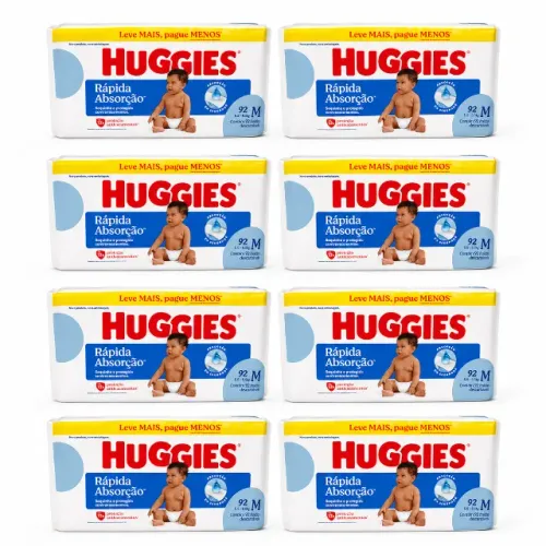 Kit 8 Fraldas Tamanho M Huggies 92Un 5.5Kg a 9.5Kg Rápida Absorção
