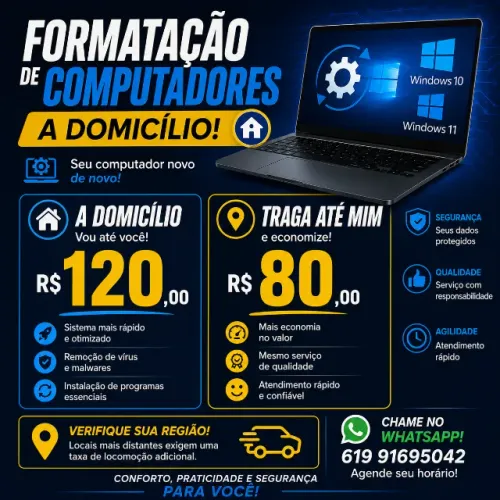 Formatação de Computadores e Notebooks (a domicílio) / Upgrade / Instalação de Programas