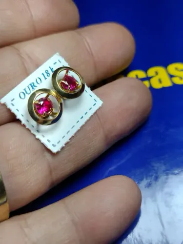 Brincos Ouro 18 K 2,00 Gramas Aro 10 mm Pedra 4 mm Zircônia