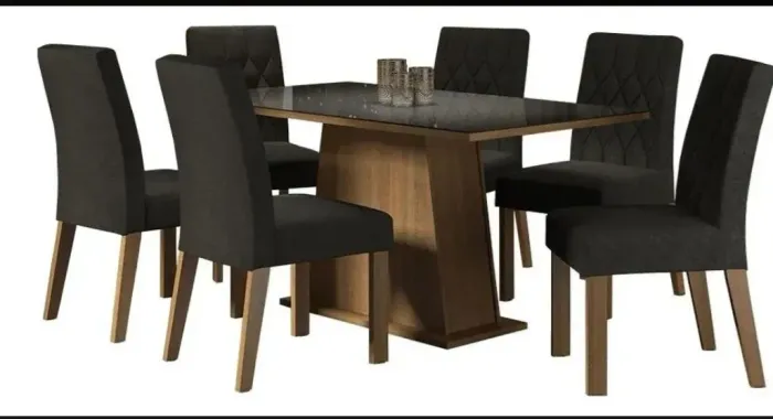 Mesa de jantar com 6 lugares, com tampo de vidro.