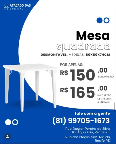 Mesa quadrada desmontável é no Atacado das Cadeiras