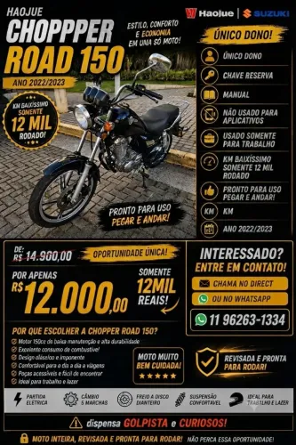 Haojue Chopper Road 150 - 2022/2023 | Único Dono | 12 mil km | R$ 12.000