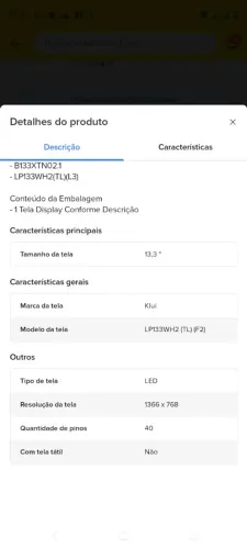Tela de notebook 13.3 LED slim 40 pinos