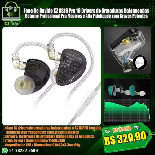 Fone De Ouvido KZ AS16 Pro 16 Drivers de Armaduras Balanceadas