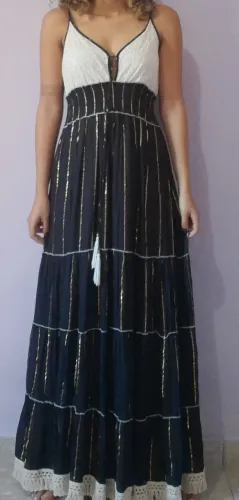 Vestido Longo Boho Indiano Preto Lurex Dourado - NOVO