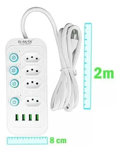 Extensão e filtro de linha 4 tomadas e 4 USB 2 Metros.