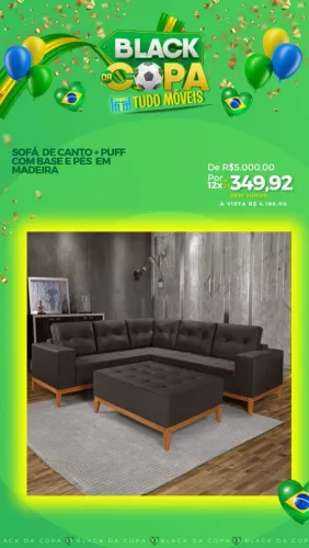 Sofá de canto + puff com base e pés em madeira