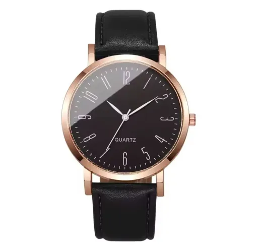 Relógio de Pulso Masculino Minimalista Quartz Casual Couro Preto E Ouro Rosé
