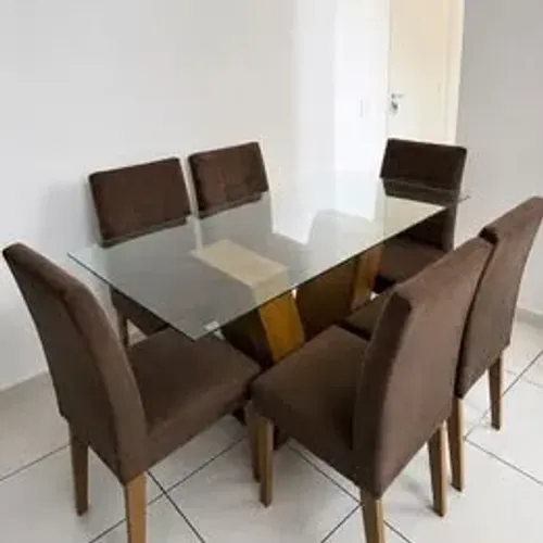 Mesa de Jantar com Tampo de Vidro + 6 Cadeiras Estofadas Marrom - Excelente Estado