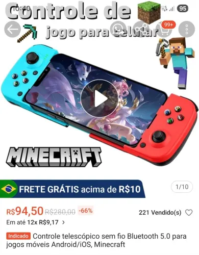 Controle telescópio sem fio Bluetooth 5.0 para jogos móveis Android,iOS e minecraft