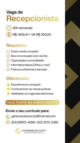 Vaga de emprego - Recepcionista 