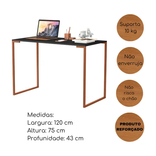 Escrivaninha industrial 120cm preto bronze pés metal