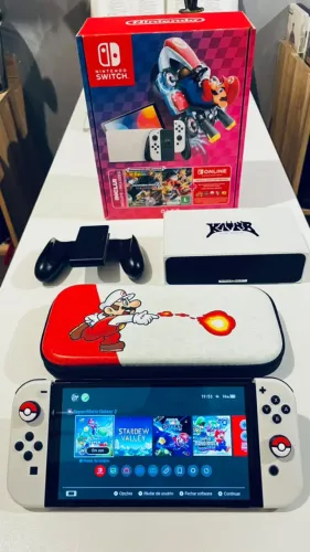 Nintendo Switch OLED Completo na Caixa + Case Temática + Acessórios