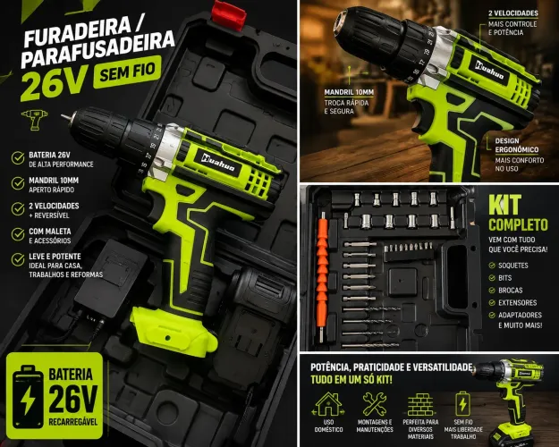 Parafusadeira/Furadeira Huahuo 26V - Kit Completo