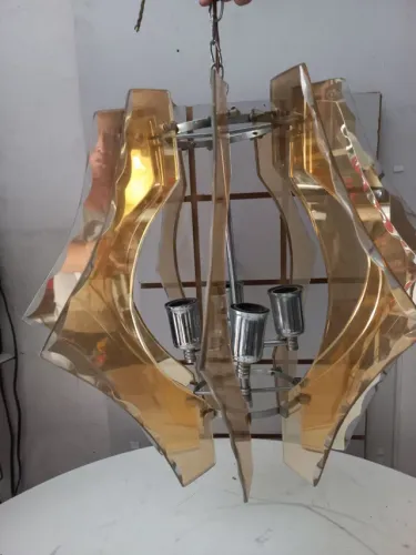 Lustre antigo placas de vidro 4 lâmpadas 