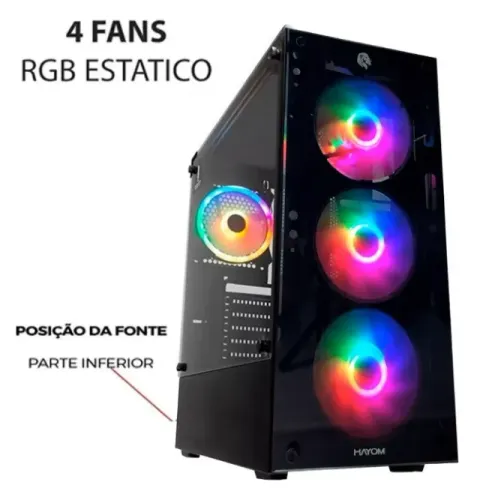 Gabinete gamer Hayom, com 4 fans, mid, vidro temperado, novo, lacrado!
