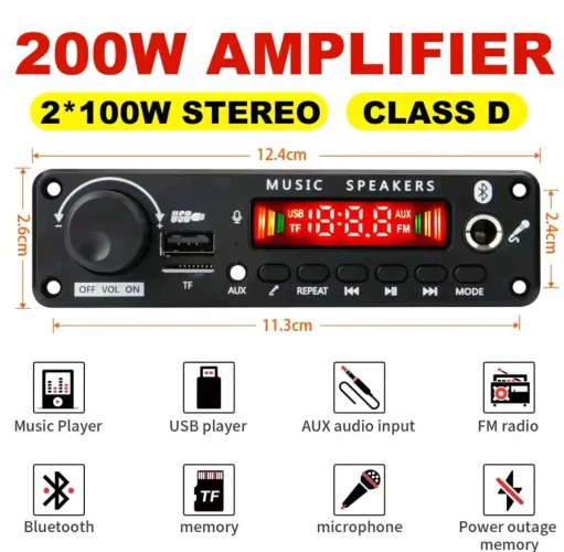 Decodificador Amplificador 200w 2x100W Bluetooth,Aux,Pendrive,FM,Mic,Tf Card C. Remoto