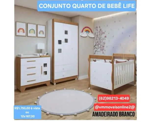 Conjunto quarto de bebê life (guarda roupa, berço, cômoda)