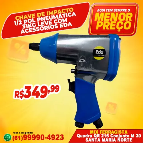 Chave Impacto 1/2 Pol Pneumática 31KG Leve Com Acessórios EDA